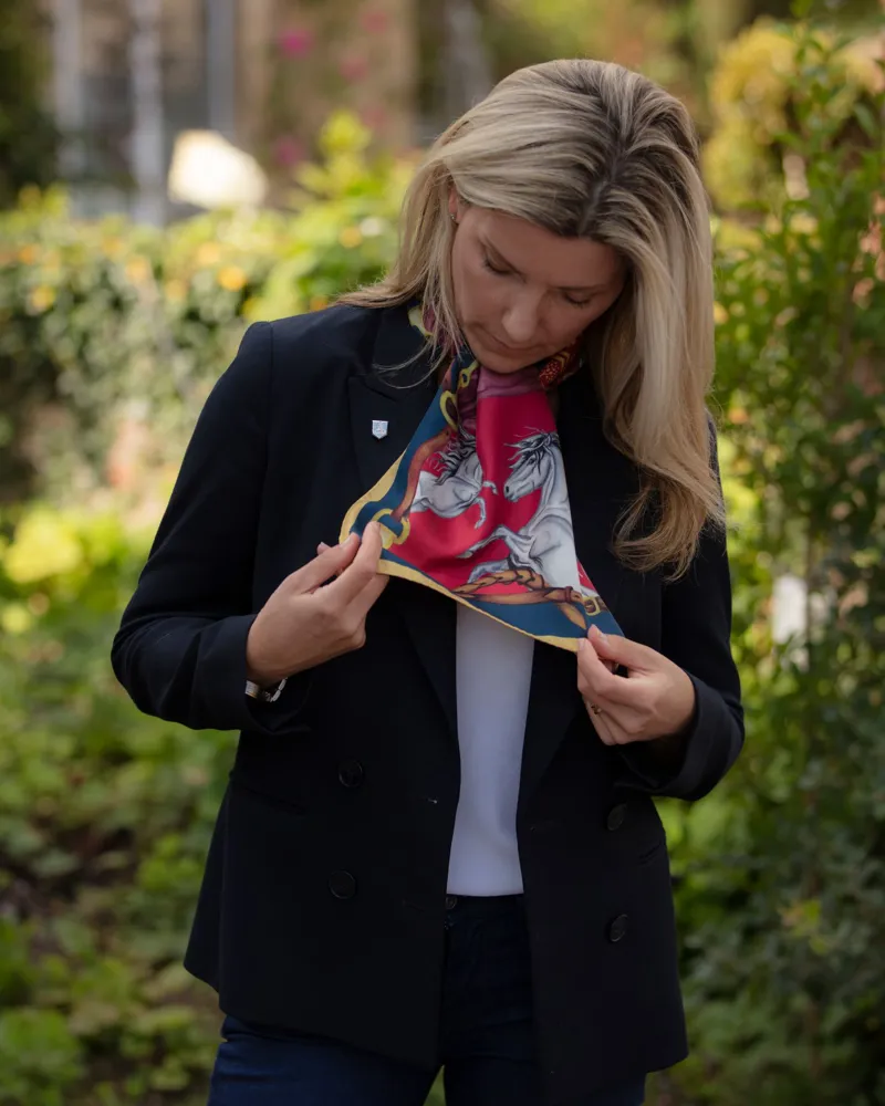 Clare Haggas Hold Your Horses Narrow Silk Scarf Navy and Red-2